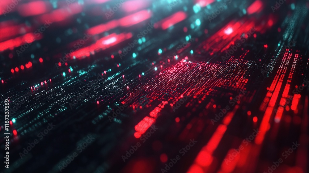 Poster abstract digital lines with programming code in red and blue tones