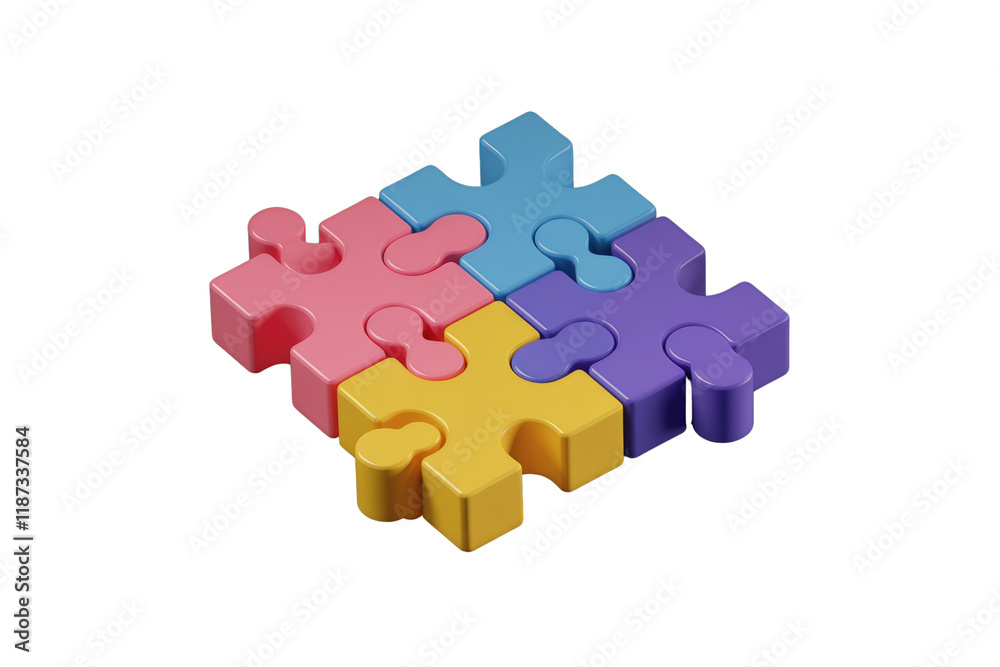 Poster Four colorful 3D puzzle pieces interlock, symbolizing connection and teamwork. background removed