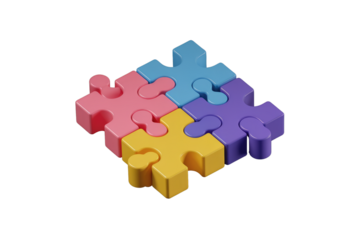 Four colorful 3D puzzle pieces interlock, symbolizing connection and teamwork. background removed