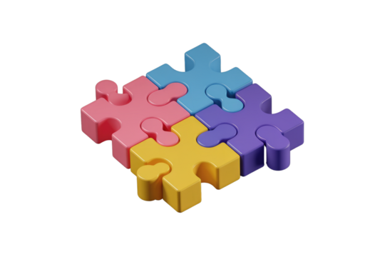 Four colorful 3D puzzle pieces interlock, symbolizing connection and teamwork. background removed