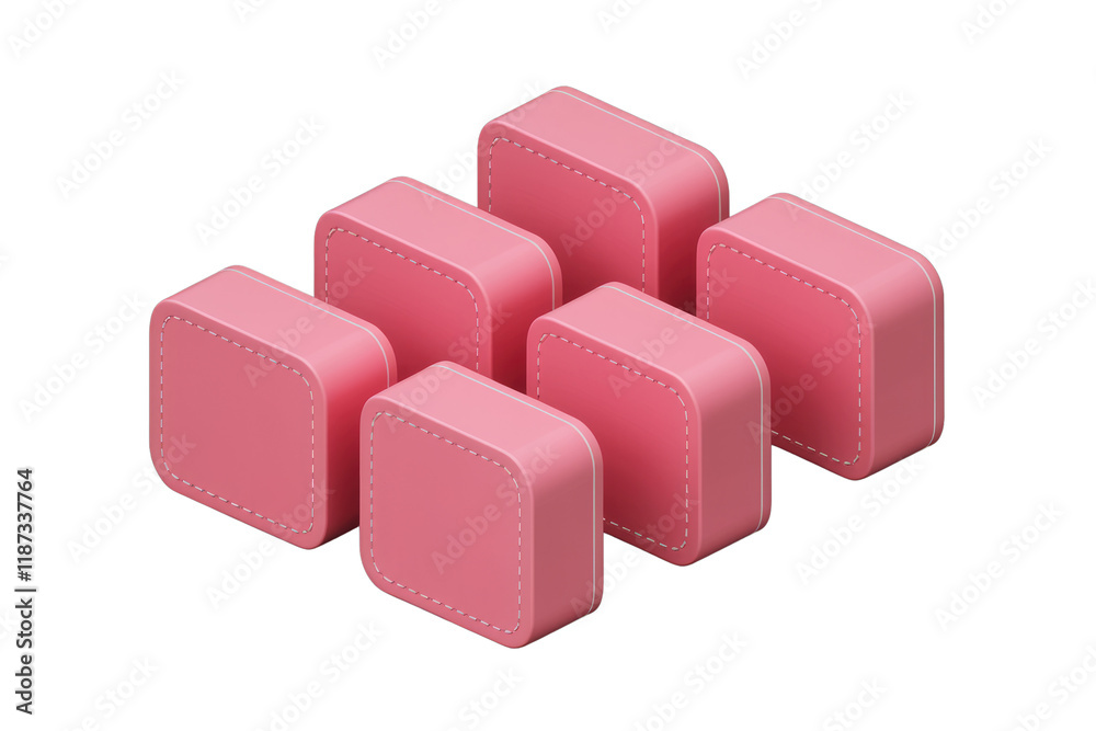 Poster Isometric view of six pink square boxes with a stitched border, arranged in a staggered pattern on a transparent background. background removed