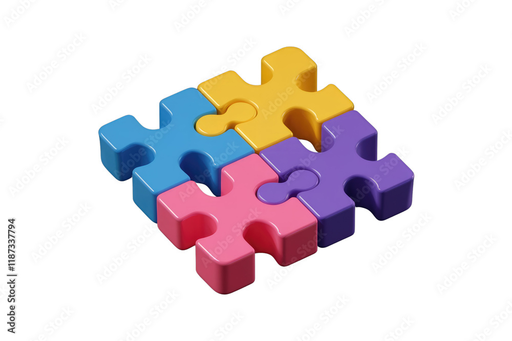 Poster Four colorful puzzle pieces interconnected, symbolizing unity, teamwork, and problem-solving. background removed