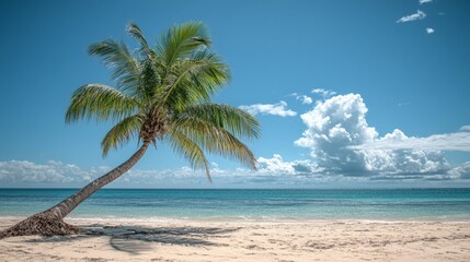 Fototapeta premium Single palm tree leaning over a beautiful white sand beach with turquoise water under a blue sky with cumulus clouds evokes a sense of peace and tranquility