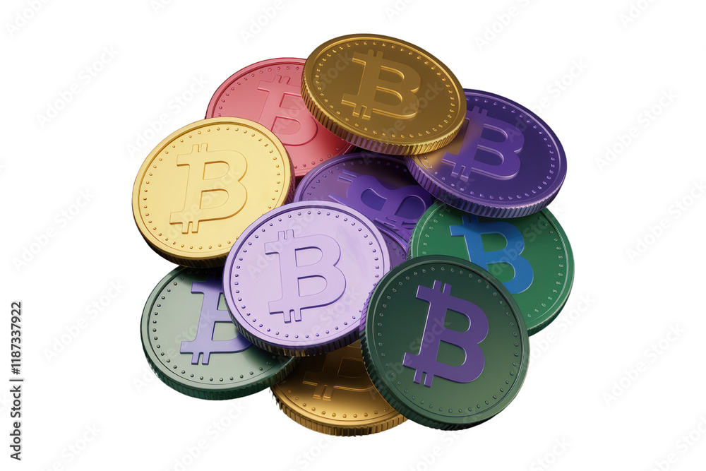 Poster a pile of colorful bitcoin cryptocurrency coins, rendered in 3d, on a transparent background. backgr