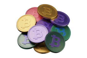 A pile of colorful Bitcoin cryptocurrency coins, rendered in 3D, on a transparent background. background removed