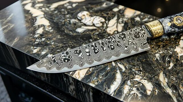 Unique damascus steel knife displayed on an intricate marble surface showcasing craftsmanship and artistry