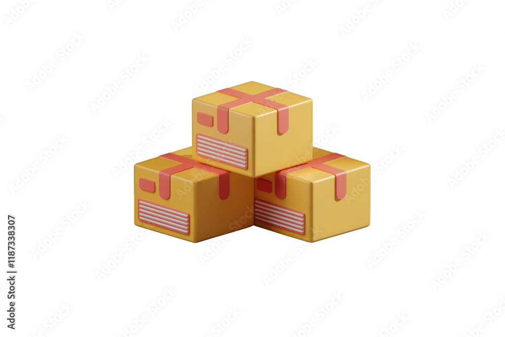 Poster three yellow cubic boxes with pink accents stacked on a dark gray surface, representing delivery or 