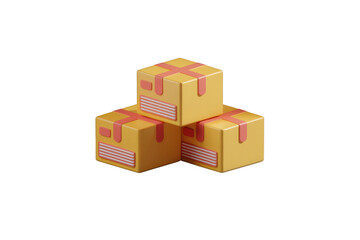 Fototapeta premium Three yellow cubic boxes with pink accents stacked on a dark gray surface, representing delivery or shipping. background removed