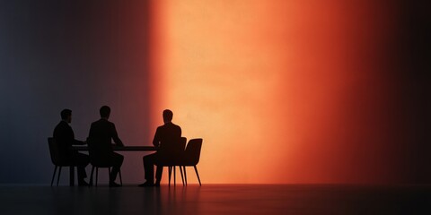 A captivating shot showcasing the silhouettes of three professionals engaged in discussion in a conference room, symbolizing collaboration, strategy, and determination in the workplace.