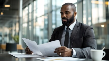 Fototapeta premium Confident business professional reviewing documents in modern office space during work hours