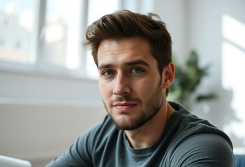 Portrait of a digital nomad in a minimalist room