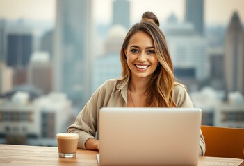 Fototapeta premium Digital nomad woman with a laptop and coffee
