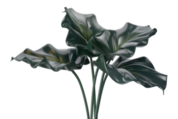 Stylized 3D render of dark green, glossy leaves, resembling a tropical plant. background removed