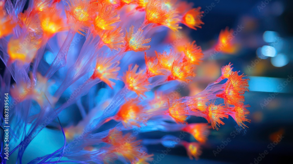 Poster close-up of vibrant orange artificial flowers illuminated with blue light, creating a surreal and ar