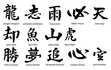 Ink Strokes of Meaning: A close-up showcases a collection of bold black calligraphic characters, each a gateway to a different word and idea.