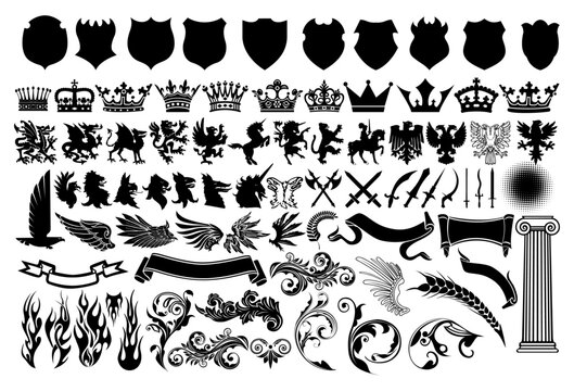 Heraldic Silhouette Elements: A collection of various heraldic elements, including shields, crowns, animals, wings, banners, and decorative designs in a classic black and white color palette.