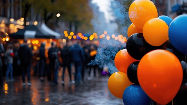 A group of people are standing on a wet street with a bunch of orange - Powered by Adobe