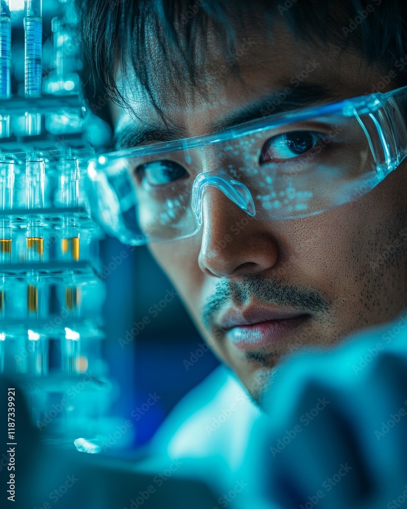 Poster focused asian scientist analyzing samples in high-tech laboratory