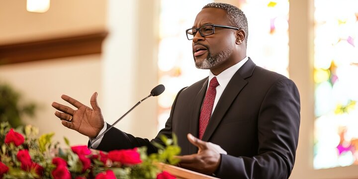 southern baptist african american preacher giving church sermon