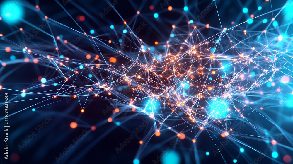 Poster data network visualization with glowing connections and nodes in technology abstract design