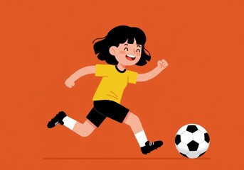 Happy child playing soccer: energetic young girl kicking ball on orange background