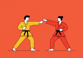 Karate training: two martial artists in action on a vibrant orange background