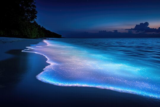glowing waves on tropical beach at night, bioluminescence