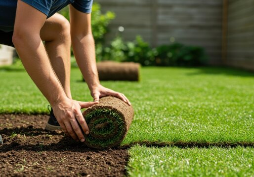 Gardener laying fresh sod in backyard for lush green lawn installation