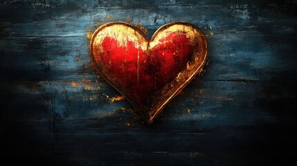 Grunge red and gold heart on dark wood, ideal for Valentine's or romantic designs.