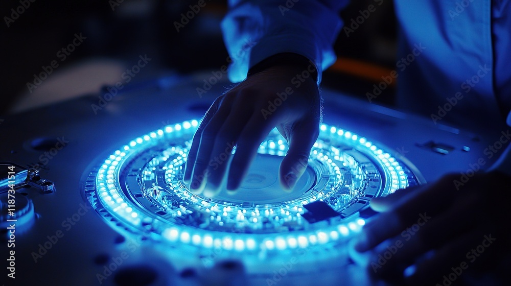 Poster engineers and developers working on an illuminated technology interface