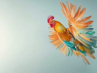 Fototapeta premium Vibrant Rooster Taking Flight Against a Soft Blue Background, Showcasing Colorful Feathers and Dynamic Movement in a Stunning Display of Nature's Beauty