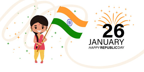 26 January - Happy Republic Day of India Banner Design. Design Indian Republic Day Celebration. Girl holds an Indian flag against the backdrop of festive fireworks.