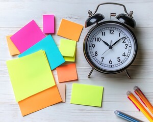 Assorted sticky notes in bright neon colors on a light wooden surface