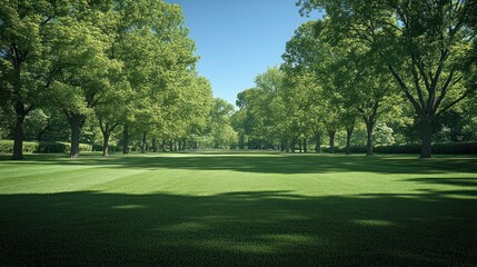 Fototapeta premium Lush green park path with trees and mowed lawn on sunny day.