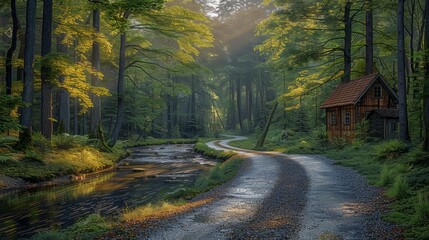 Obraz premium Enchanted Forest Path with Rustic Cabin