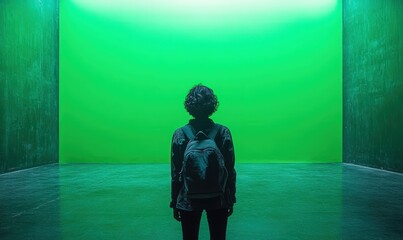 Person with backpack facing green wall.