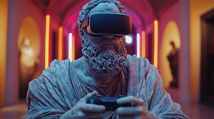 Ancient statue in virtual reality headset gaming in neon-lit room