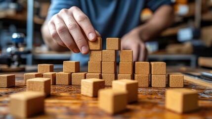 Hand building upward graph with wooden blocks on workshop table.