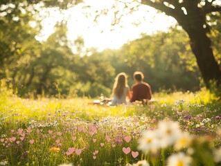Couple enjoying a sunny picnic amidst wildflowers in a serene meadow setting.