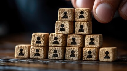 Hand builds human icon pyramid on wood for team, leadership, growth.