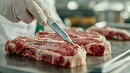 Chef Using Digital Meat Thermometer to Check Internal Temperature of Raw Steak Cuts in Professional Kitchen Environment for Food Safety Standards and Cooking Perfection