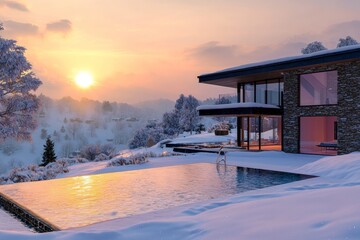 Modern mountain villa nestled in a snowy landscape offers a heated pool glistening in the sunset. The tranquil atmosphere enhances the luxurious winter experience