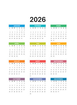 Calendrier 2026 Fran&ccedil;ais 2026 Calendrier annuel 2026, French calendar for 2026.