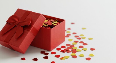 Red heart shaped confetti in open red gift box set against white festive backdrop for Valentine s Day with romantic holiday theme