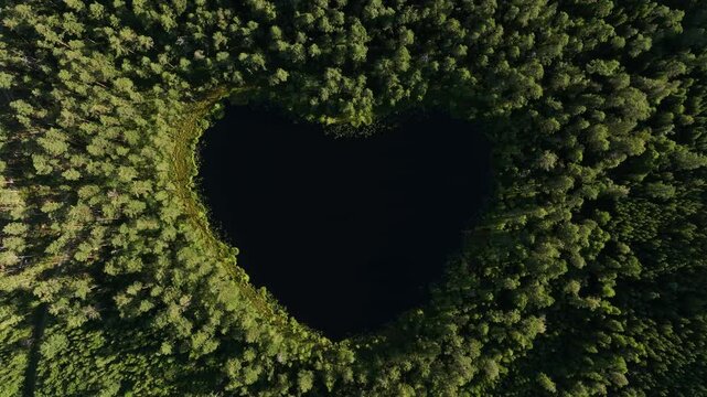 Top down aerial view of the heart-shaped Nackern Lake on a sunny day in Bestorp, Linkoping, Sweden