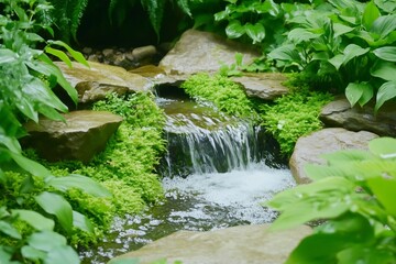 Serene garden waterfall, flowing water, lush greenery, rocks, tranquility