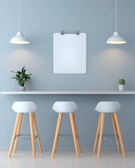 Modern Minimalist Home Interior Featuring Stylish Bar Stools, Pendant Lights, and Clean Blue Wall in Contemporary Design Aesthetic for Elegant Living Spaces