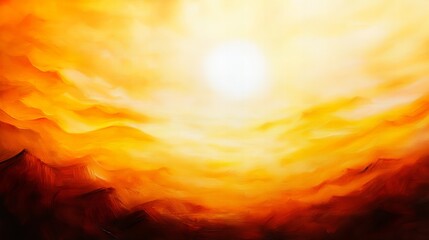 Warm sunset over hazy mountains.  Vibrant orange and yellow hues create a dramatic, peaceful scene.