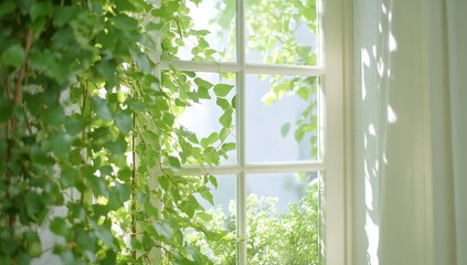Naklejka premium Sunlit ivy climbs window, garden view, bright room, home decor