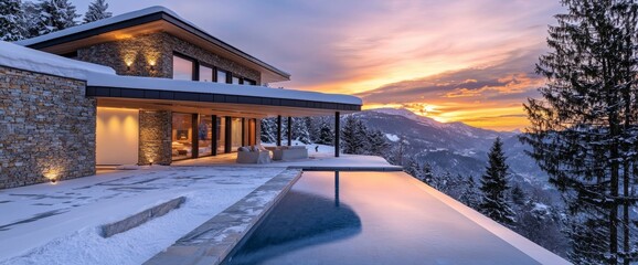 Obraz premium Modern mountain villa showcases a heated pool and breathtaking snowy surroundings at sunset, offering a serene and exquisite winter getaway in the mountains